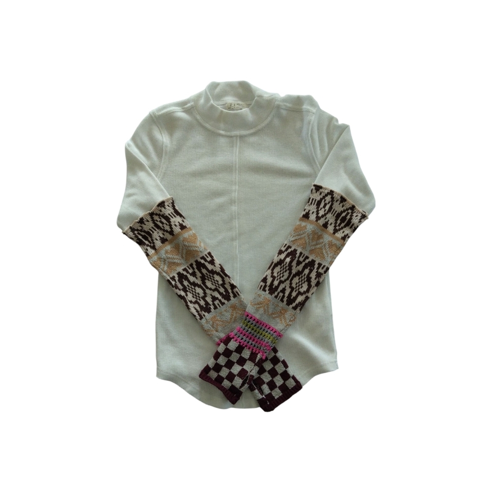 We The Free White Sweater with Patterned Sleeves